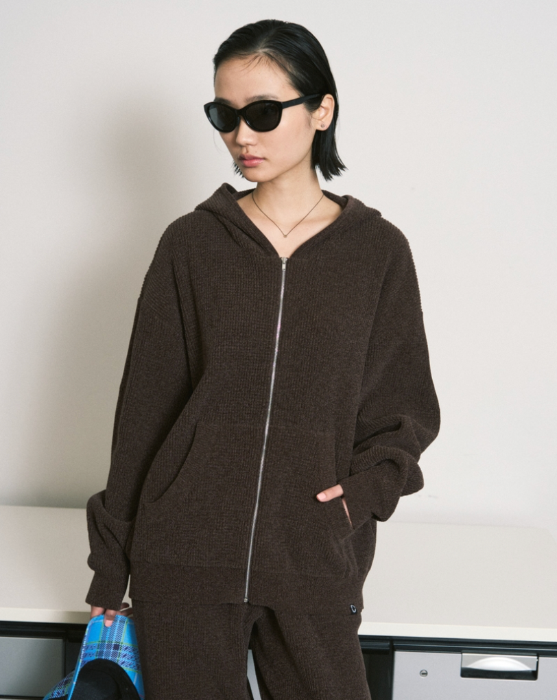 CORDY KNIT ZIP HOODIE / brown