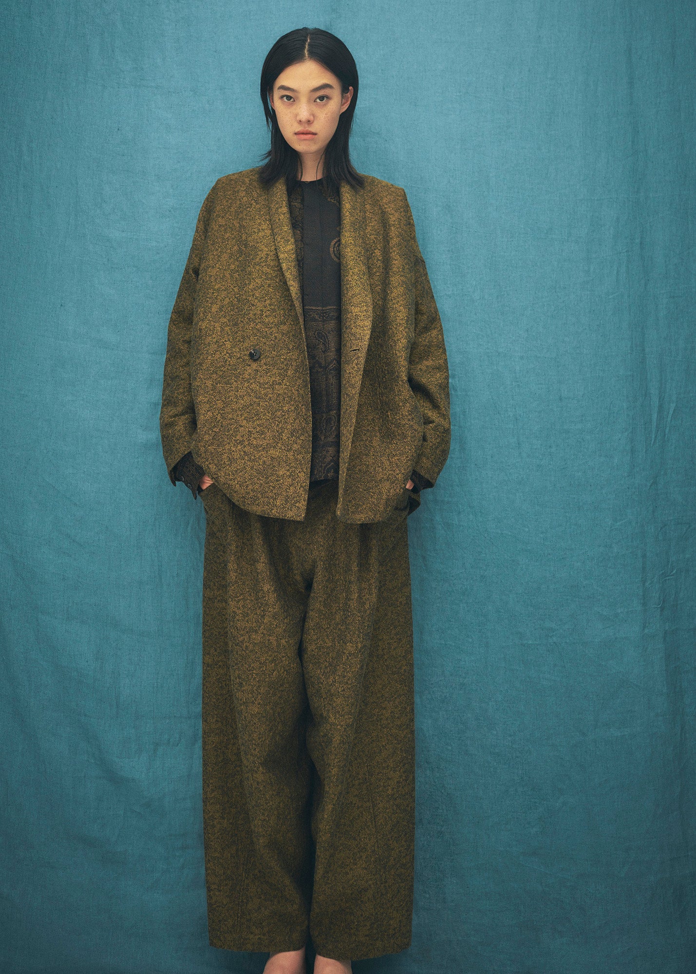 Moss Jacquard CottonWool Switching Wide Pants / MUSTARD