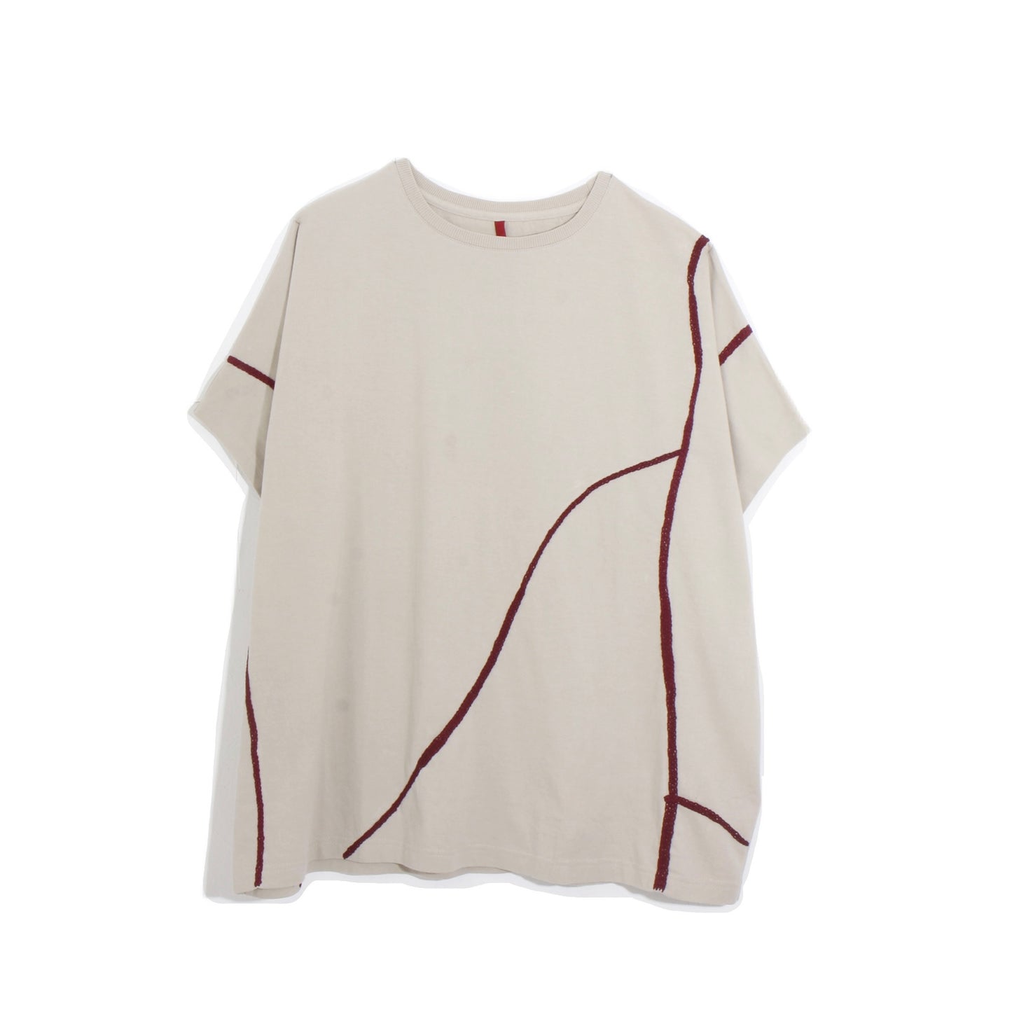 Hand Embroidery cut&sewn LAKE / off-white ×red