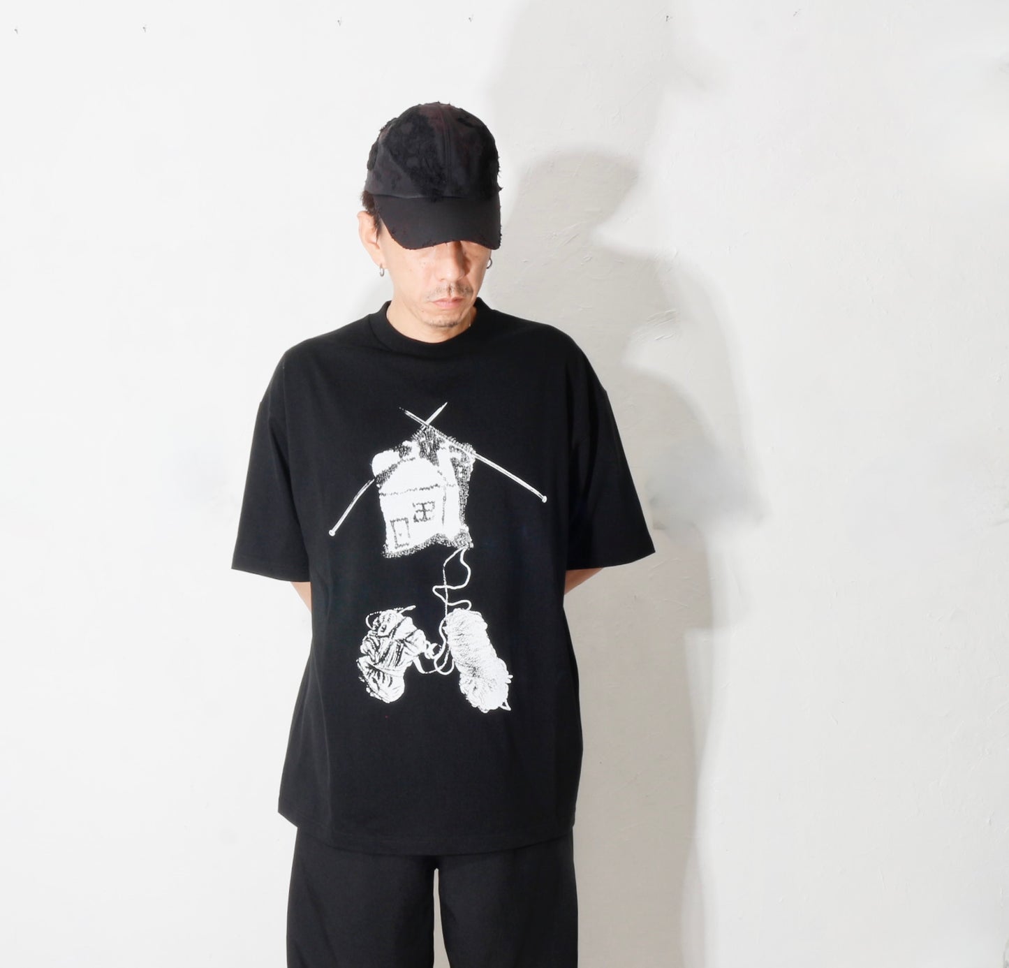 print T-shirt / knitting / bk