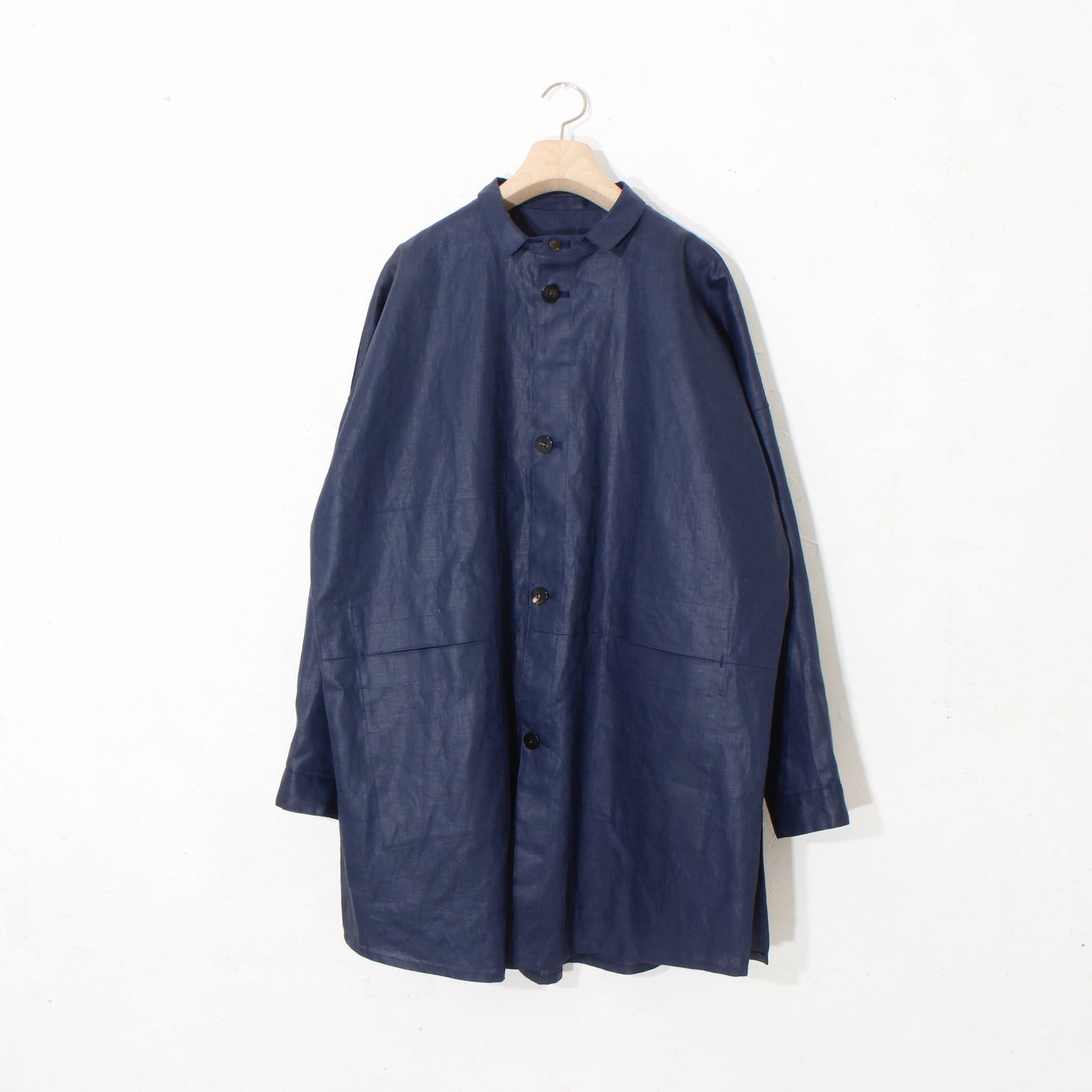 Glazed Linen Pasted Cloth Shirt Coat / navy
