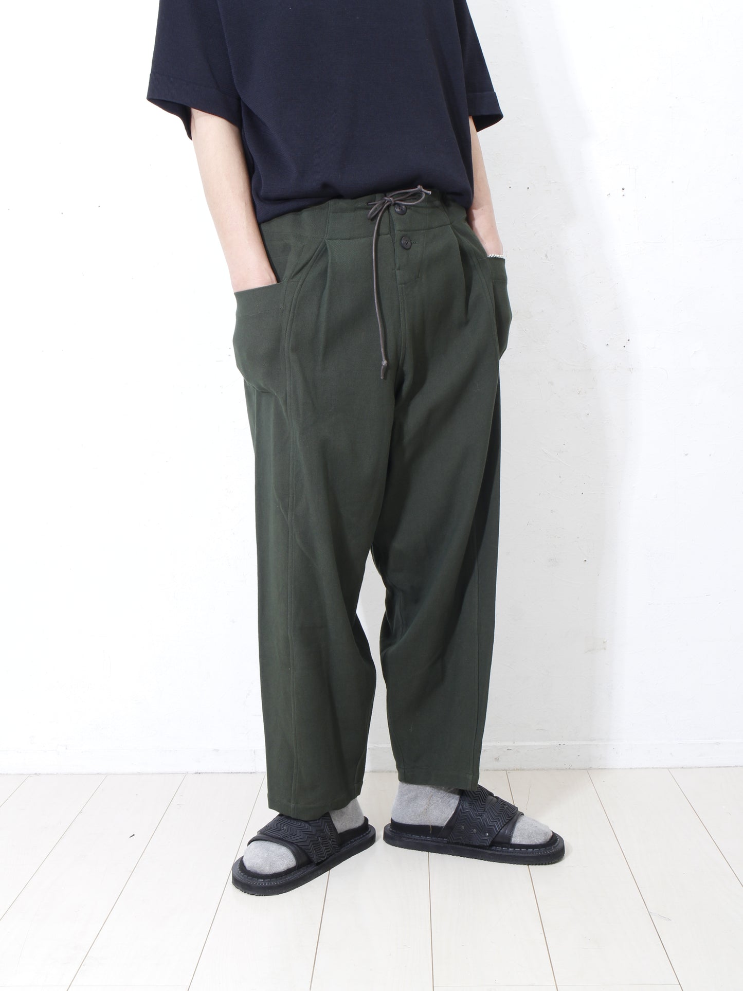 6ply KhadiCotton Switching Wide Pants / KHAKI-GREEN