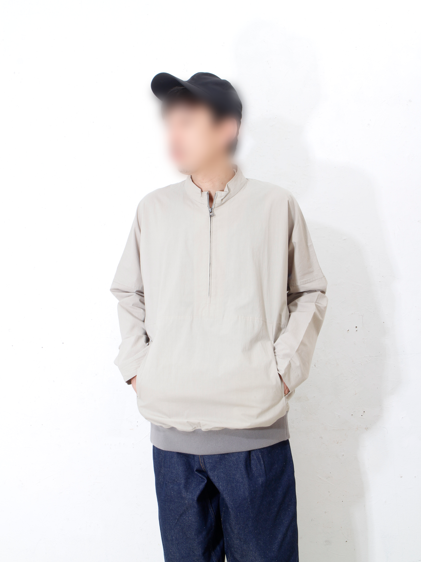 Light cotton half zip pullover / sand beige