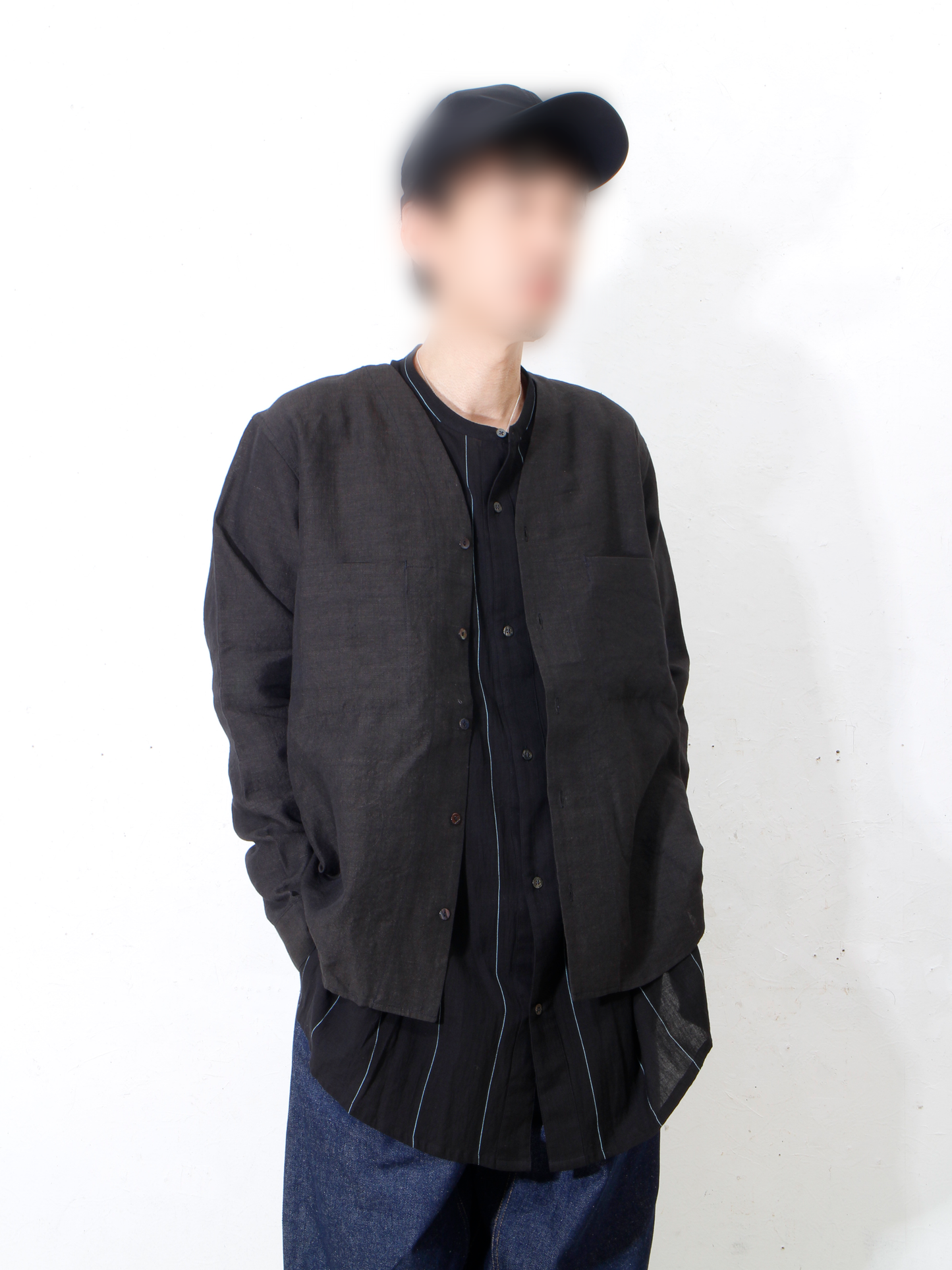 Linenwool nocoller shirts / black