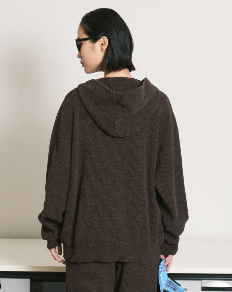 CORDY KNIT ZIP HOODIE / brown