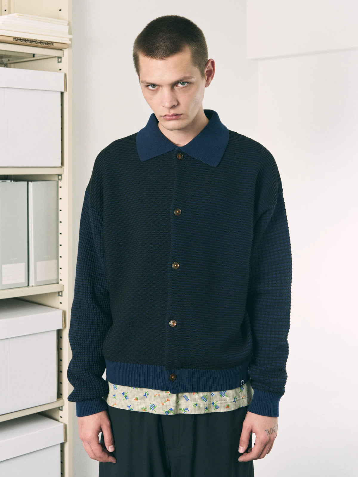 MULTI KNIT SHIRT JACKET / navy ×black