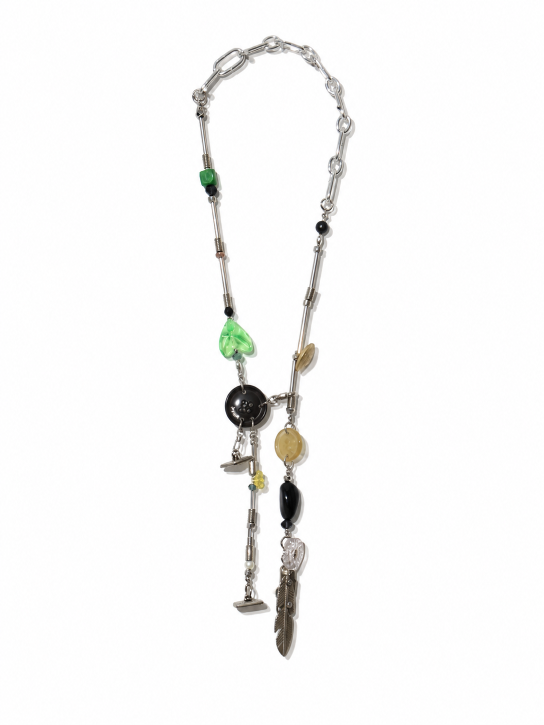 【LEO GON'DO】ROSARY Necklace No,5 GREEN GLASS / FEATHER