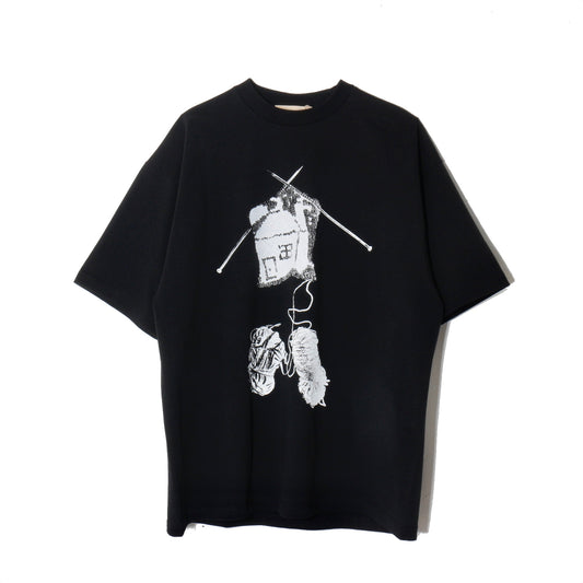 print T-shirt / knitting   / bk