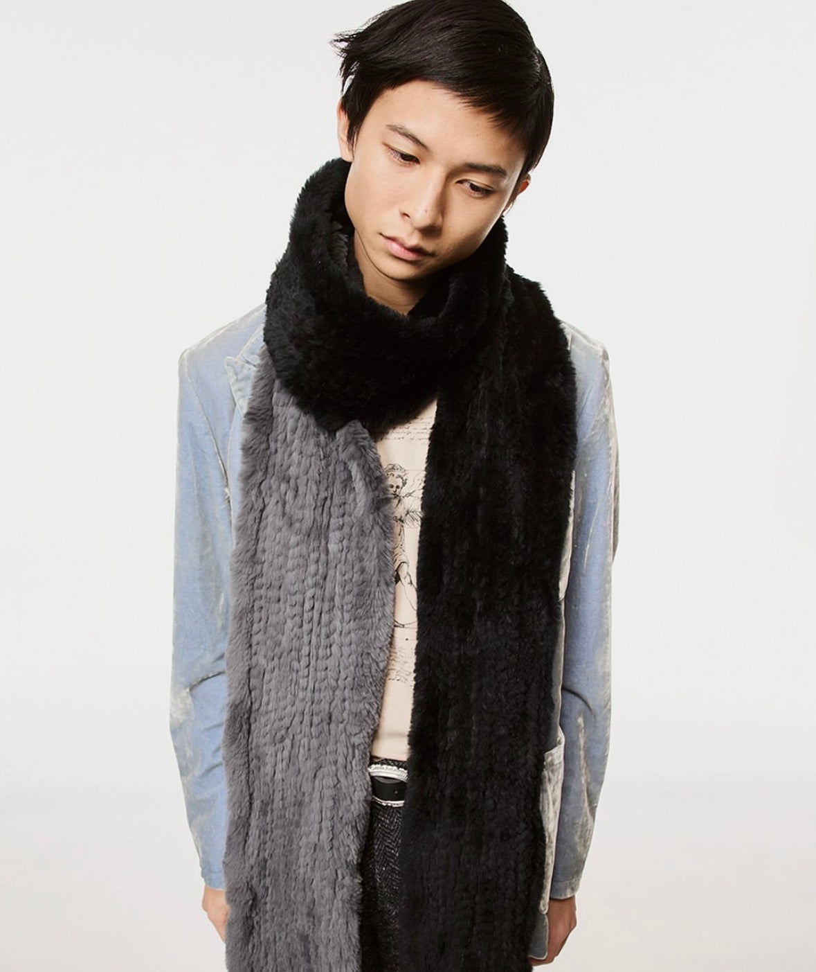 RABBIT FUR SCARF /   black × gray