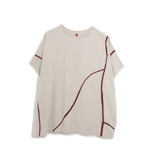 Hand Embroidery cut&sewn LAKE / off-white ×red