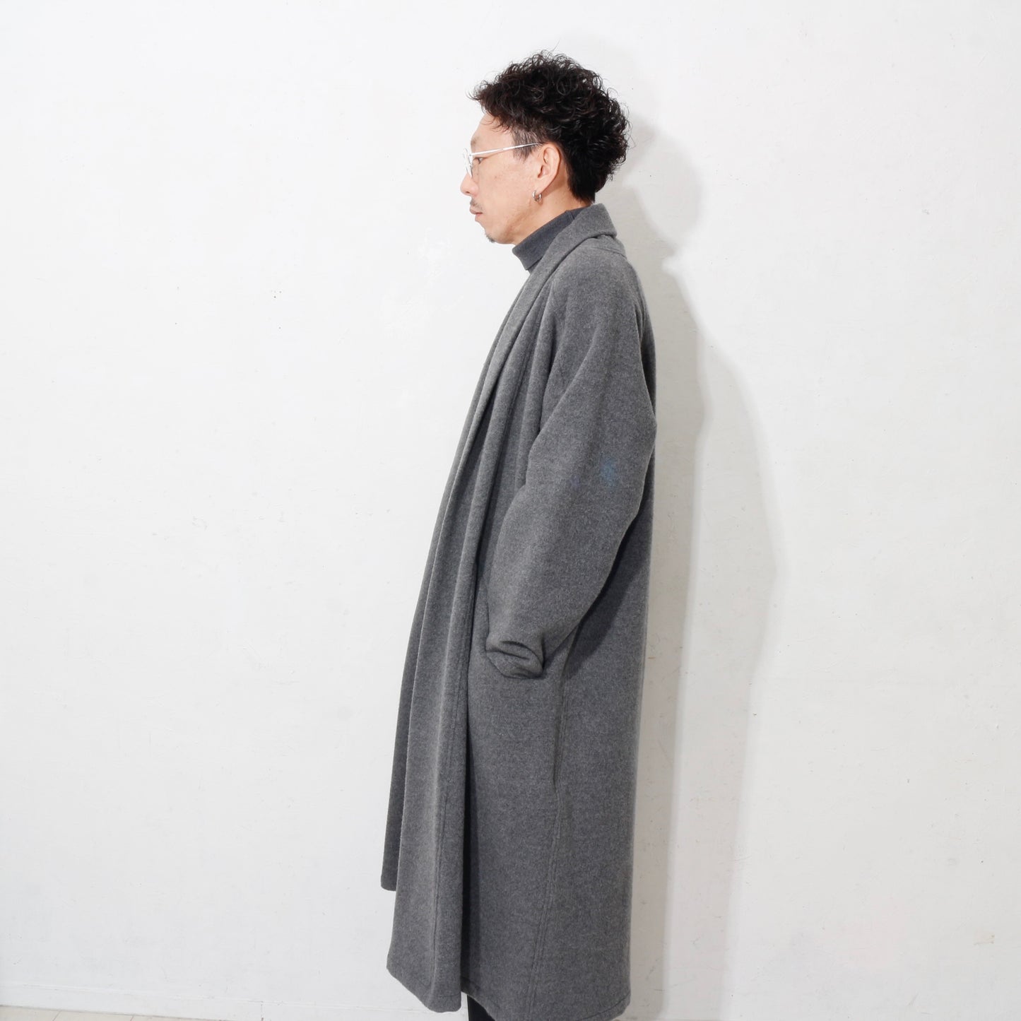 ウールシルクキャメル半纏ロングコート/灰