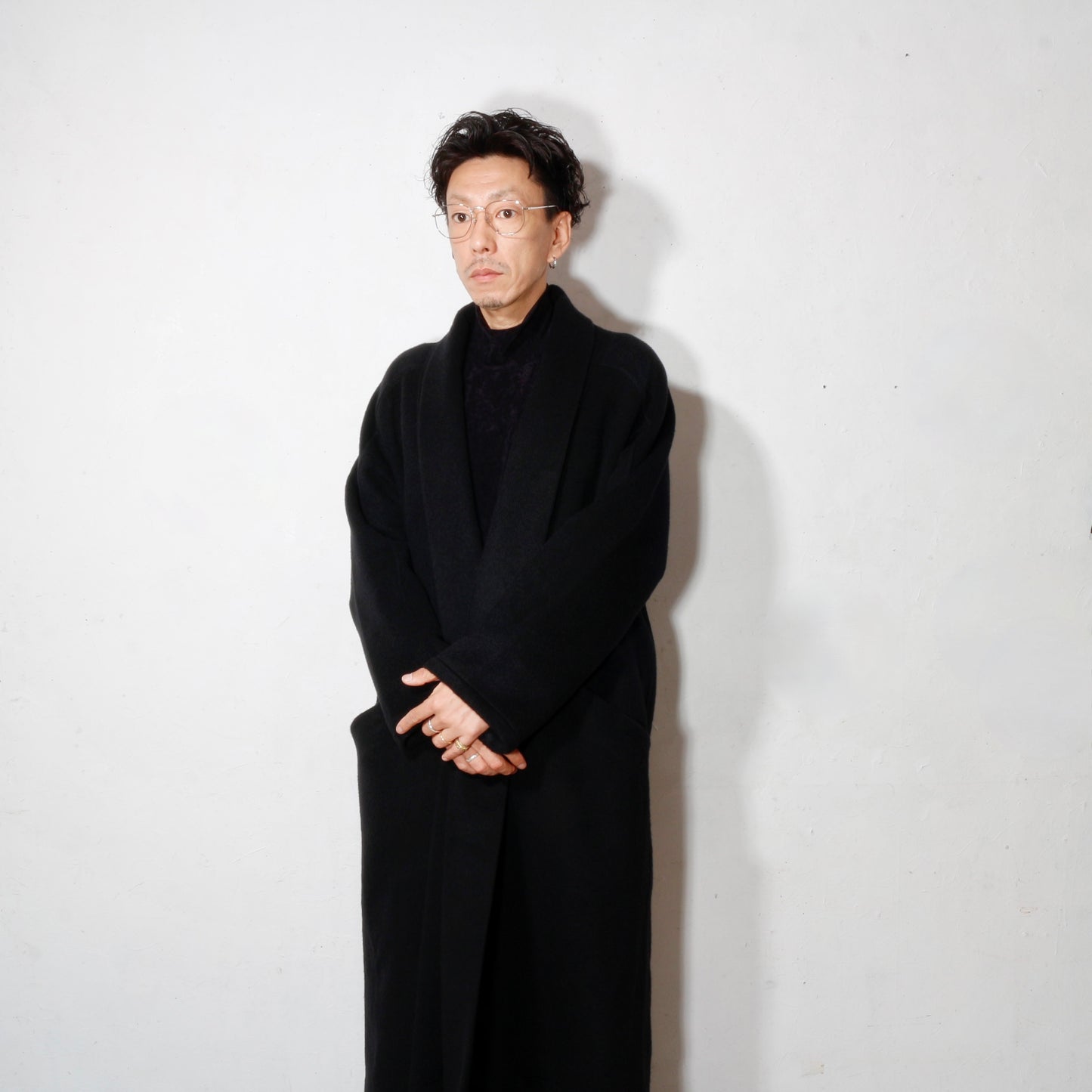 ウールシルクキャメル半纏ロングコート/紐付き / 黒