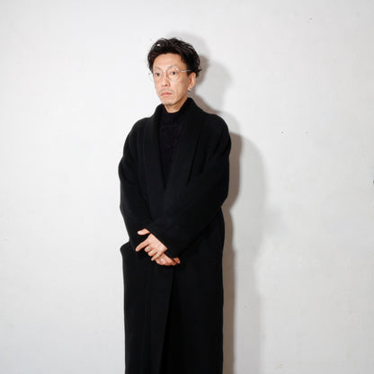 ウールシルクキャメル半纏ロングコート/紐付き / 黒