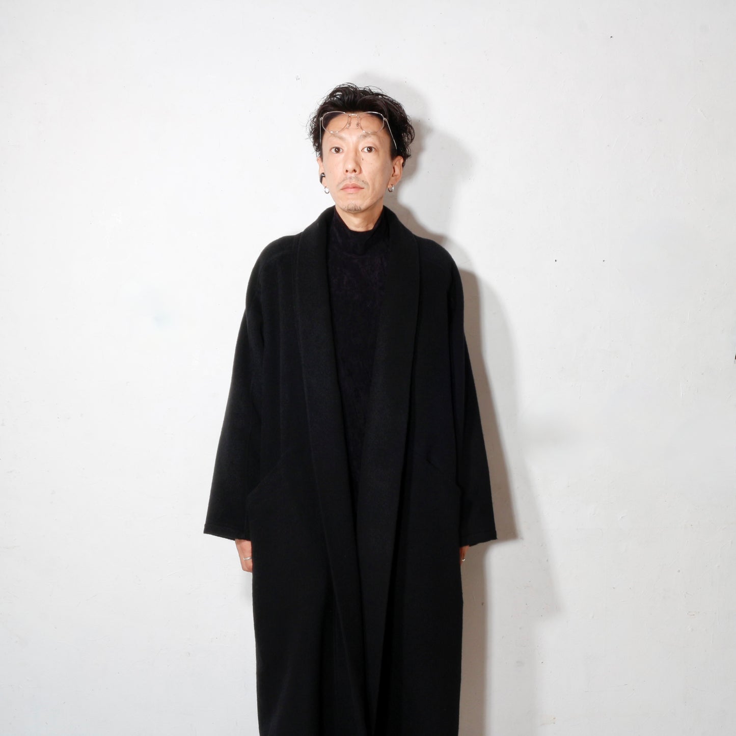 ウールシルクキャメル半纏ロングコート/紐付き / 黒