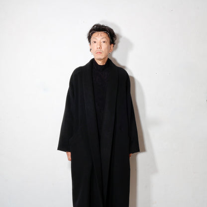 ウールシルクキャメル半纏ロングコート/紐付き / 黒
