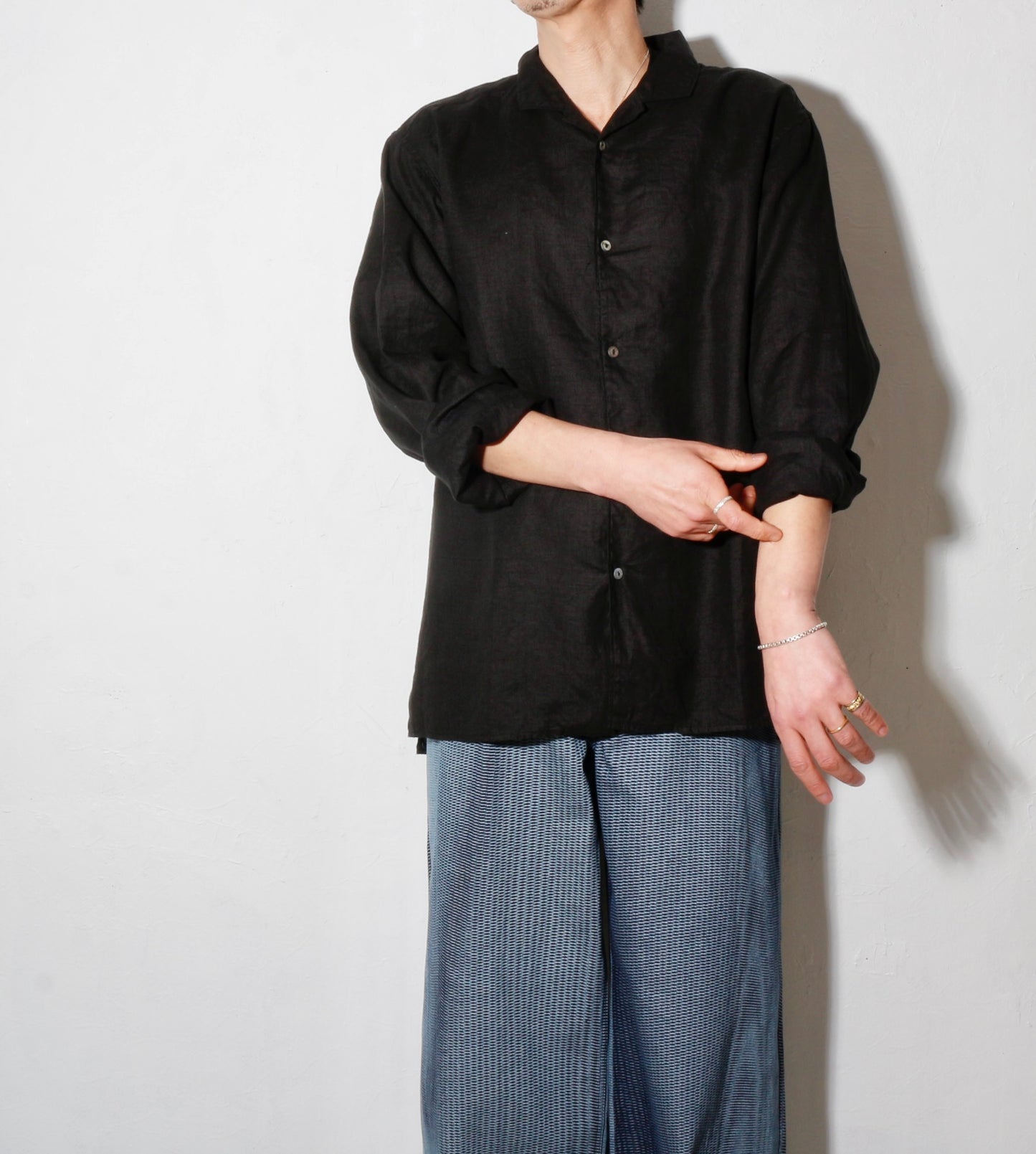 大麻開襟シャツ / 黒