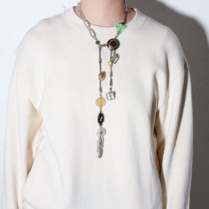 【LEO GON'DO】ROSARY Necklace No,5 GREEN GLASS / FEATHER