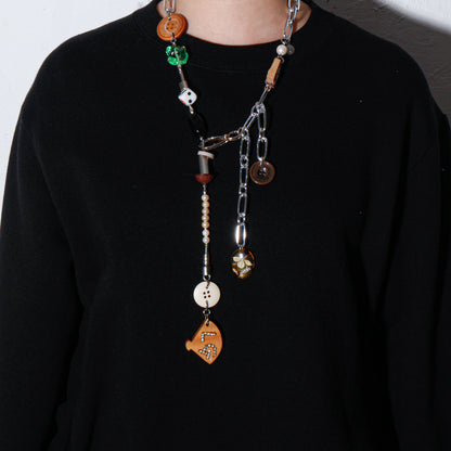 【LEO GON'DO】ROSARY Necklace No,2 WOOD BUTTON / GREEN GLASS
