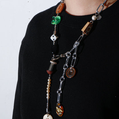 【LEO GON'DO】ROSARY Necklace No,2 WOOD BUTTON / GREEN GLASS