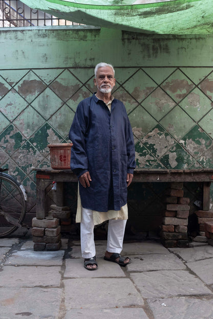 Glazed Linen Pasted Cloth Shirt Coat / navy